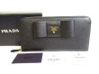 Photo1: PRADA Saffiano Black Leather Ribbon Round Zip Long Wallet Purse #9272
