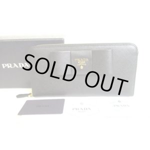 Photo: PRADA Saffiano Black Leather Ribbon Round Zip Long Wallet Purse #9272