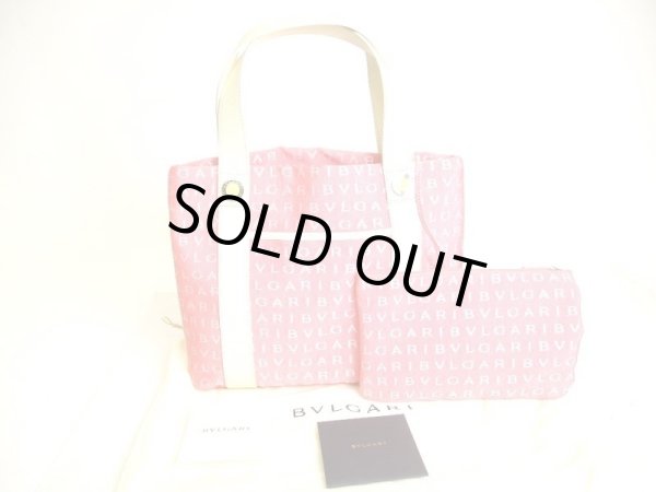 Photo1: BVLGARI Pink Canvas Cream Leather Logo Mania Tote Bag w/Pouch #9274