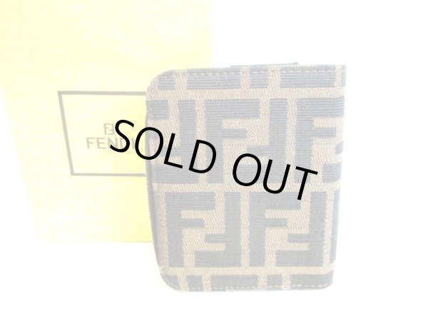 Photo1: FENDI Zucca Khaki Canvas Brown Leather Bifold Wallet Compact Wallet #9348