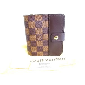 Photo: LOUIS VUITTON Damier Brown Leather Bifold Wallet Compact Zip #9382