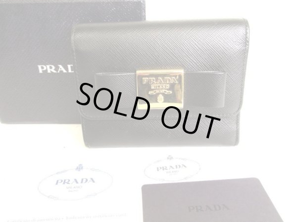 Photo1: PRADA Saffiano Black Leather Ribbon Trifold Wallet Compact Wallet #9388