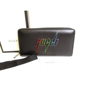 Photo: GUCCI Blade Embroidery Logo Black Leather Round Zip Wallet Purse #9411