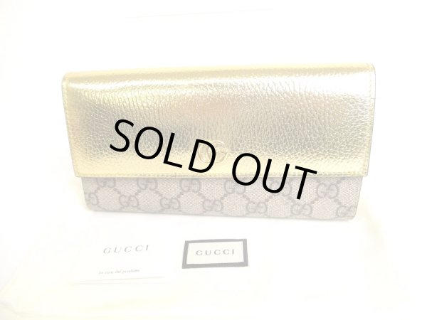 Photo1: GUCCI Double G GG PVC Canvas Gold Leather Bifold Long Flap Wallet #9429