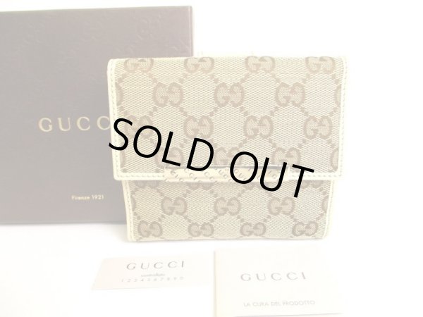 Photo1: GUCCI GG Brown Canvas Pearl White Leather Bifold Wallet Compact Wallet #9522