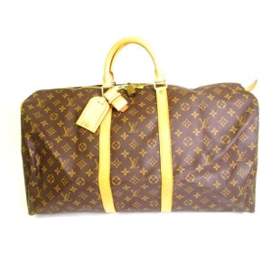 Photo: LOUIS VUITTON Monogram Brown Leather Duffle Bag Boston Bag Keepall 55 #9547