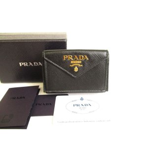 Photo: PRADA Black Saffiano Metal Leather Trifold Wallet Compact Wallet #9736