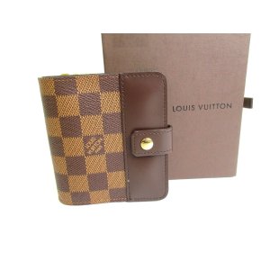 Photo: LOUIS VUITTON Damier Brown Leather Bifold Wallet Compact Zip #9750