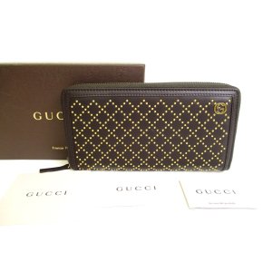 Photo: GUCCI GG Diamante Spike Dark Brown Leather Round Zip Wallet #9841