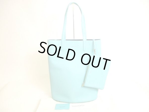 Photo1: TIFFANY＆CO. Blue Leather Tote Bag Hand Bag w/Pouch #9843