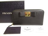 Photo: PRADA Gold Saffiano Black Leather Ribbon Motif Round Zip Long Wallet #9884