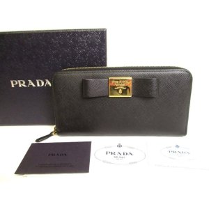 Photo: PRADA Gold Saffiano Black Leather Ribbon Motif Round Zip Long Wallet #9884