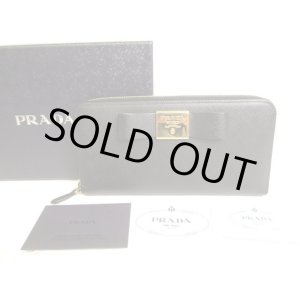 Photo: PRADA Gold Saffiano Black Leather Ribbon Motif Round Zip Long Wallet #9884