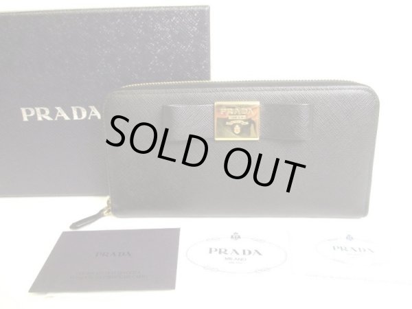 Photo1: PRADA Gold Saffiano Black Leather Ribbon Motif Round Zip Long Wallet #9884