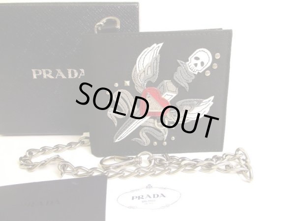 Photo1: PRADA Black Nylon Leather Skull Sword Motif Bifold Chain Wallet #9952