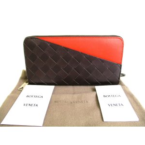 Photo: BOTTEGA VENETA Intrecciato Brown Red Bicolored Leather Around Zip Wallet #9974
