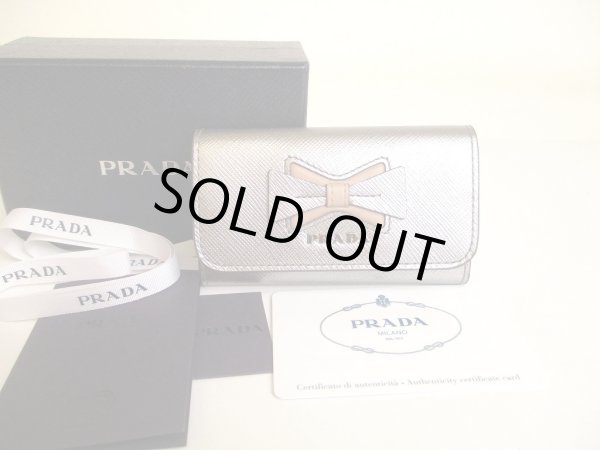 Photo1: PRADA Silver Saffiano Leather Ribbon Motif 4 Pics Key Cases #a015