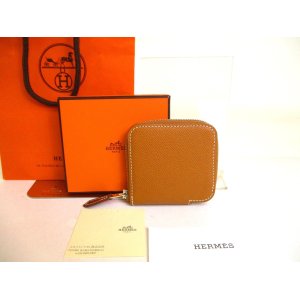 Photo: HERMES Brown Veau Epson SILK'IN LINE Coin Purse Azap Compact Mini #a031