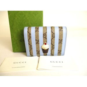 Photo: GUCCI GG Marmont Light Blue Stripes Leather Soft Cream Motif Bifold Wallet #a045