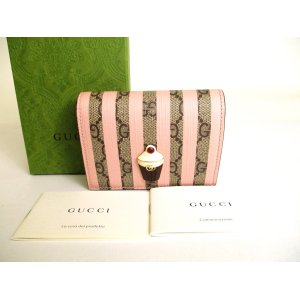 Photo: GUCCI GG Marmont Light Pink Stripes Leather Soft Cream Motif Bifold Wallet #a046