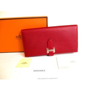 Photo: HERMES Rouge H Veau Epson Silver H/W Long Wallet Bearn Soufflet #a053