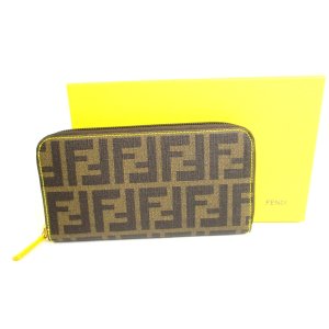 Photo: FENDI Zucca Brown Canvas Yellow Leather Round Zip Long Wallet #a061