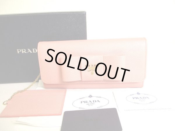 Photo1: PRADA Saffiano Light Pink Leather Ribbon Bifold Long Flap Wallet #a062