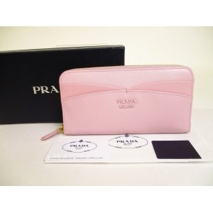 Photo: PRADA Light Pink Saffiano Waves Leather Round Zip Long Wallet #a166