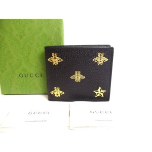 Photo: GUCCI Animalier Black Leather Bifold Bill Wallet Compact Wallet #a177