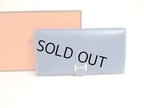 Photo1: HERMES Blue thalassa Box Calf Leather Silver H/W Long Flap Wallet Bearn #a181