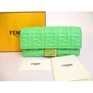 Photo: FENDI Lignt Green Leather Flap Long Wallet Baguette Continental #a182