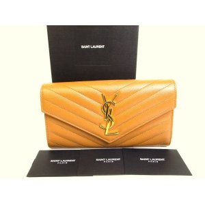 Photo: Saint Laurent Paris Gold YSL Motif Brown Leather Long Flap Wallet #a184