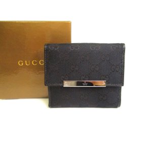 Photo: GUCCI GG Brown Canvas Black Leather Bifold Wallet Compact Wallet #a193