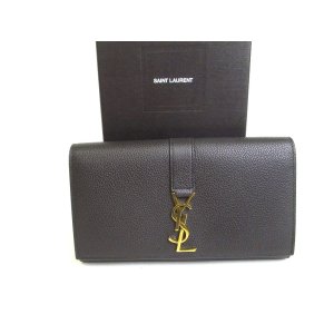 Photo: Saint Laurent Paris Gold YSL Motif Black Grain Leather Long Flap Wallet #a205