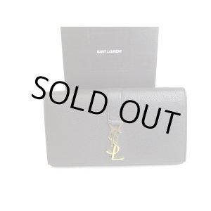 Photo: Saint Laurent Paris Gold YSL Motif Black Grain Leather Long Flap Wallet #a205