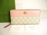 Photo: GUCCI Double G Beige Coating Canvas Light Pink Leather Round Zip Wallet #a217