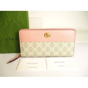 Photo: GUCCI Double G Beige Coating Canvas Light Pink Leather Round Zip Wallet #a217
