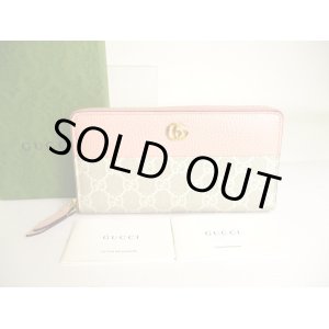 Photo: GUCCI Double G Beige Coating Canvas Light Pink Leather Round Zip Wallet #a217