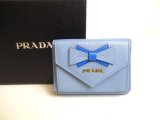 Photo: PRADA Ribbon Motif Light Blue Leather Trifold Wallet Compact Wallet #a233