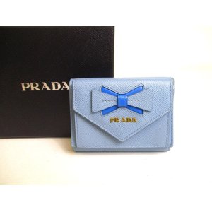 Photo: PRADA Ribbon Motif Light Blue Leather Trifold Wallet Compact Wallet #a233