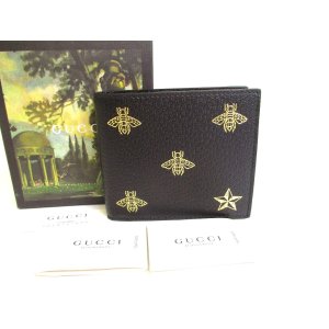 Photo: GUCCI Animalier Bee Motif Black Leather Bifold Wallet Compact Wallet #a245