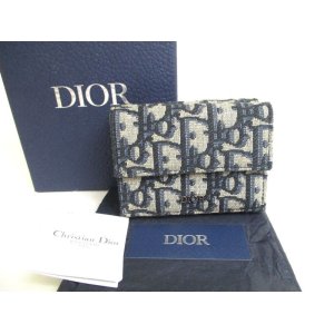 Photo: Christian Dior Navy Blue Canvas Leather Lady Dior Trifold Wallet #a259