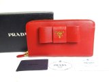 Photo: PRADA Red Saffiano Leather Ribbon Motif Round Zip Long Wallet #a334