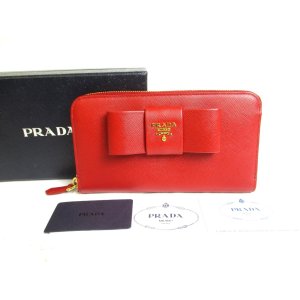 Photo: PRADA Red Saffiano Leather Ribbon Motif Round Zip Long Wallet #a334