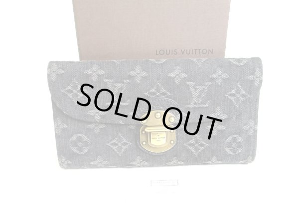 Photo1: LOUIS VUITTON Monogram Black Denim Musterd Yellow Leather Flap Long Wallet Amelia #a374