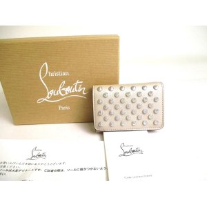 Photo: Christian Louboutin Panettone Spikes Beige Leather Trifold Wallet Mini Wallet #a404