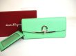 Photo1: Salvatore Ferragamo Gancini Light Green Leather Flap Long Wallet #a407