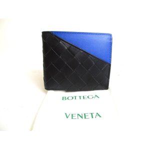 Photo: BOTTEGA VENETA Intrecciato Black Blue Leather Bifold Wallet Compact Wallet #a425