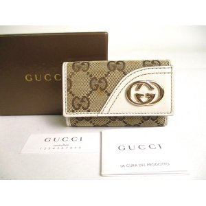 Photo: GUCCI GG Beige Canvas White Leather 6 Pics Key Chain #a427