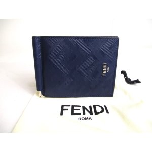 Photo: FENDI Shadow Card Holder Navy Blue Leather Bifold Bill Wallet #a435